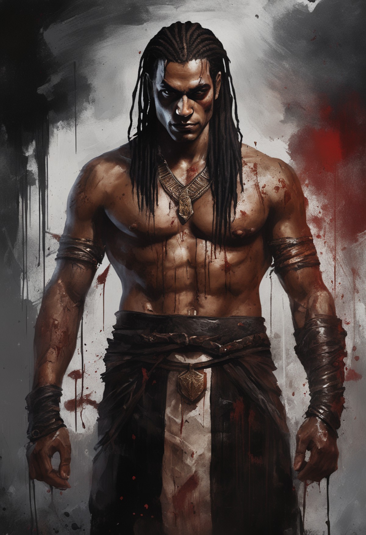 splatter style character painting of a medieval male Egyptian vampire warrior, arms crossed, grinning with vampire fangs, ...